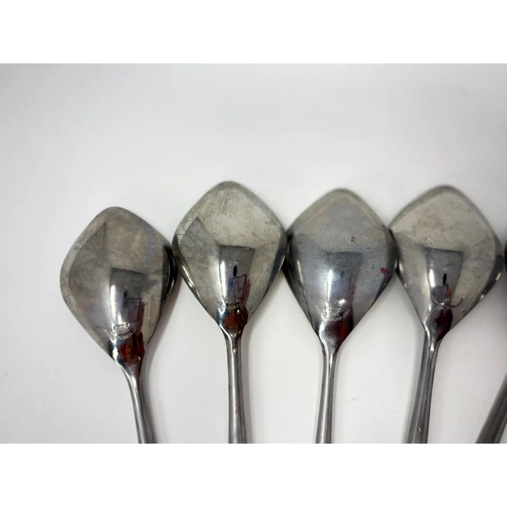 Set of 6 Epic EKCO Eterna Diamond Bowl Soup Spoons Wood Handle MCM Stainless